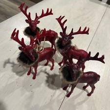 Hard Plastic Reindeer Ornaments Red Deer Faux Fur Collar 6 Tall set Of 4 EUC