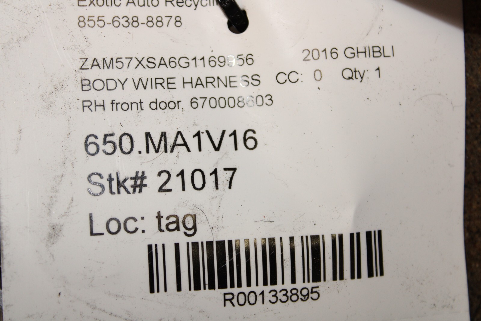 2016 Maserati Ghibli, RH, Right, Front Door Wire Harness, Used, P/N 670008603