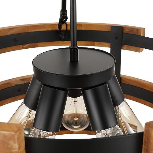 5-Light Round Rustic Chandelier Light Fixture, Black Round Wood 3 Pendant - Picture 7 of 8