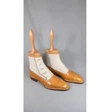 New Two Tone Leather & Suede Handmade Side Ankle Buttons Dress Boots For Mens