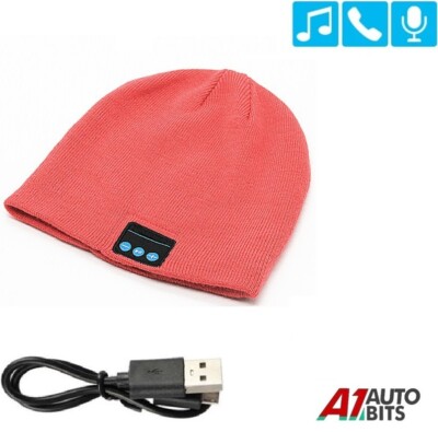 Red Unisex Warm Hat Beanie with Bluetooth Connection and Built-in Headphones