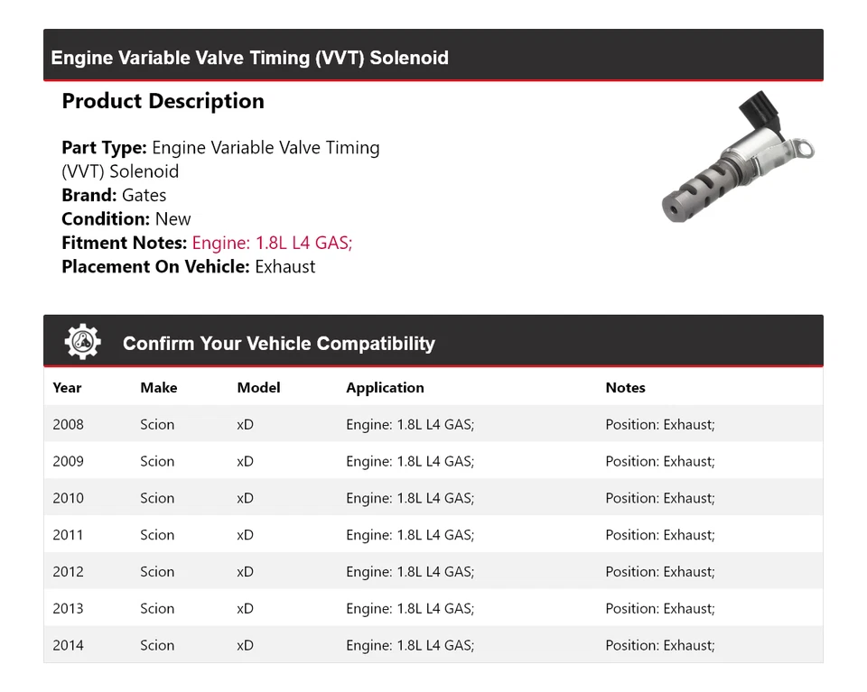 Portões de escape solenóide 2009 2010 para 2008-2014 Scion xD 1.8L L4 motor a gás VVT - Imagem 2 de 4