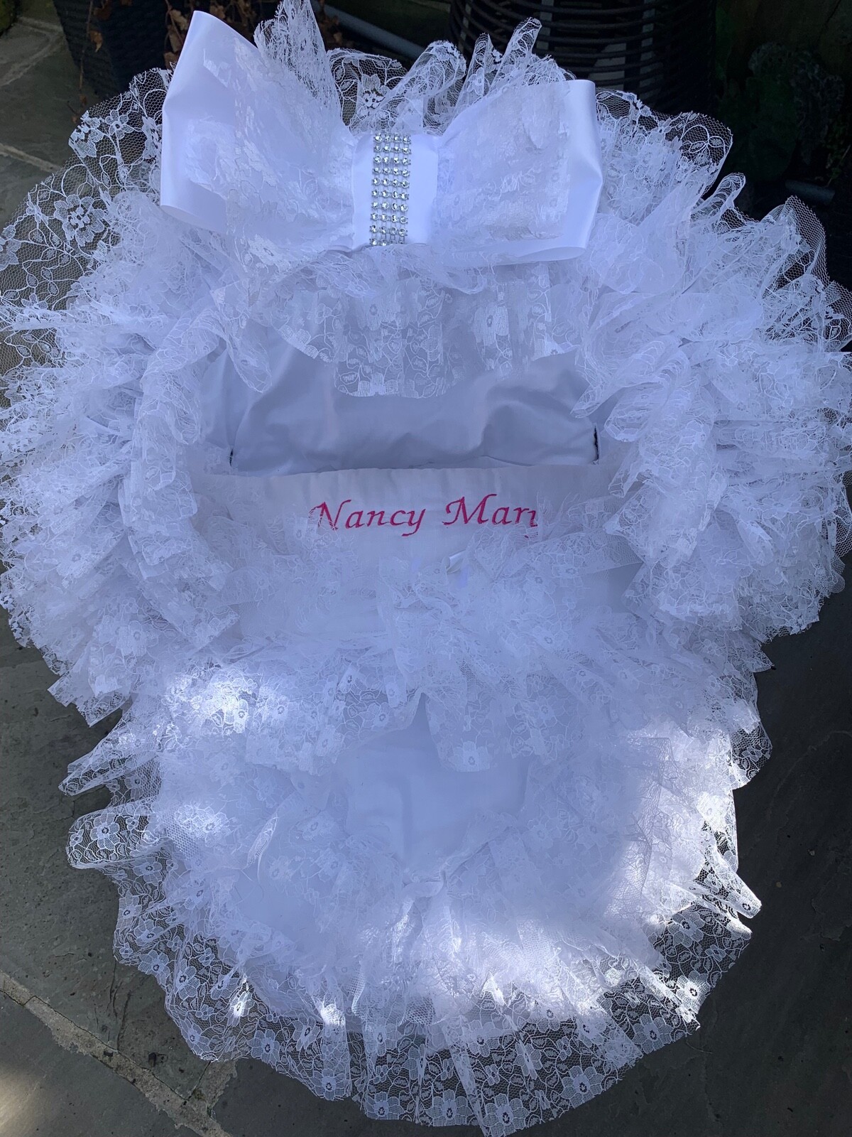 White universal baby car seat cosytoes/footmuff liner frilly bling personalised