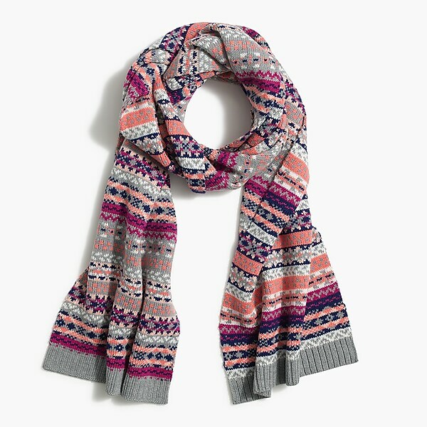 NWT J.Crew Women's Fair isle knit scarf one size Grey Multi Fair Isle