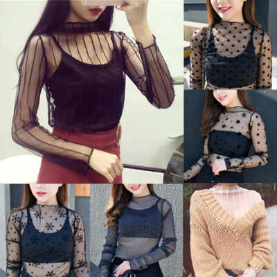 Women's Mesh Sheer Tank Crop See Through Long Sleeve T-Shirt Blouse Tops  