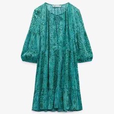 Zara Womens Mini Dress L Green Metallic Thread Dotted Mesh Tiered 2587/055 NWOT