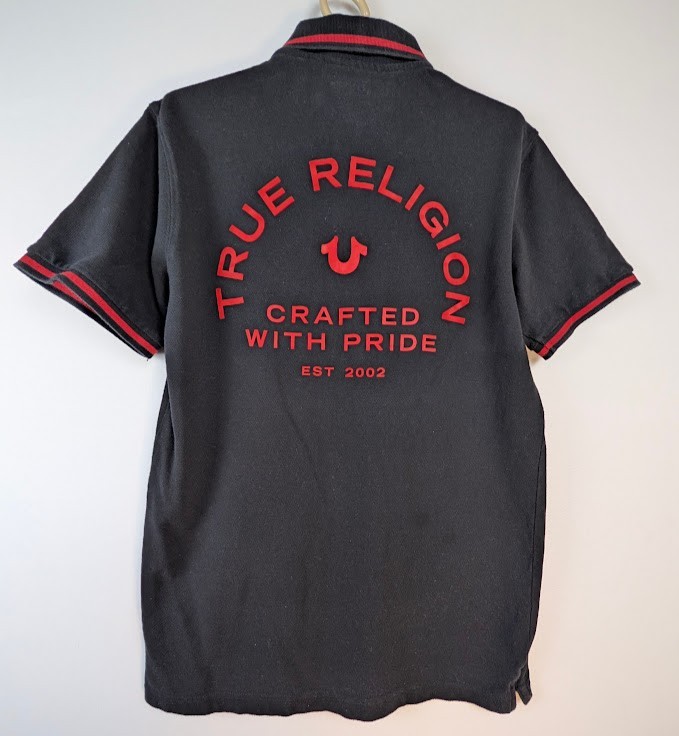 True Religion Mens Polo Shirt SM Black Red Logo Crafted With Pride Short Sleeve