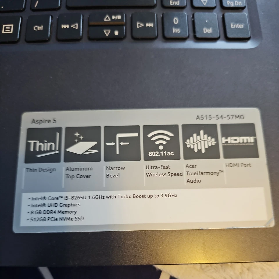 Acer Aspire A515 intel core i5-8265U 1.6ghz 8gb 512GB SSD, 128mb Graphics card - Image 4 of 4