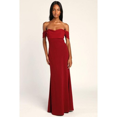 Lulus Would You Be Mine Burgundy Off-the-shoulder Mermaid Maxi Dress Red
