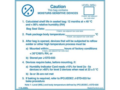 SCS 113LABEL - IPC/JEDEC J-STD-020 Moisture Sensitive Caution Label