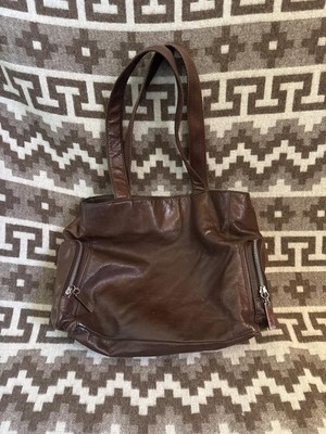 DKNY Brown Leather Tote Bag with Zipper Pockets
