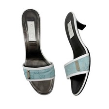 Gucci Monogram Canvas Kitten Heel Slides Blue White Logo Mules Sandals 7.5