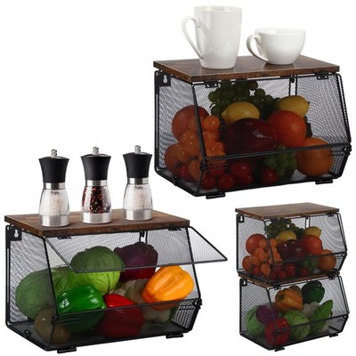 2 Pcs Stackable Mesh Fruit Basket with Lid Wall Produce Vegetable Storage Bas...