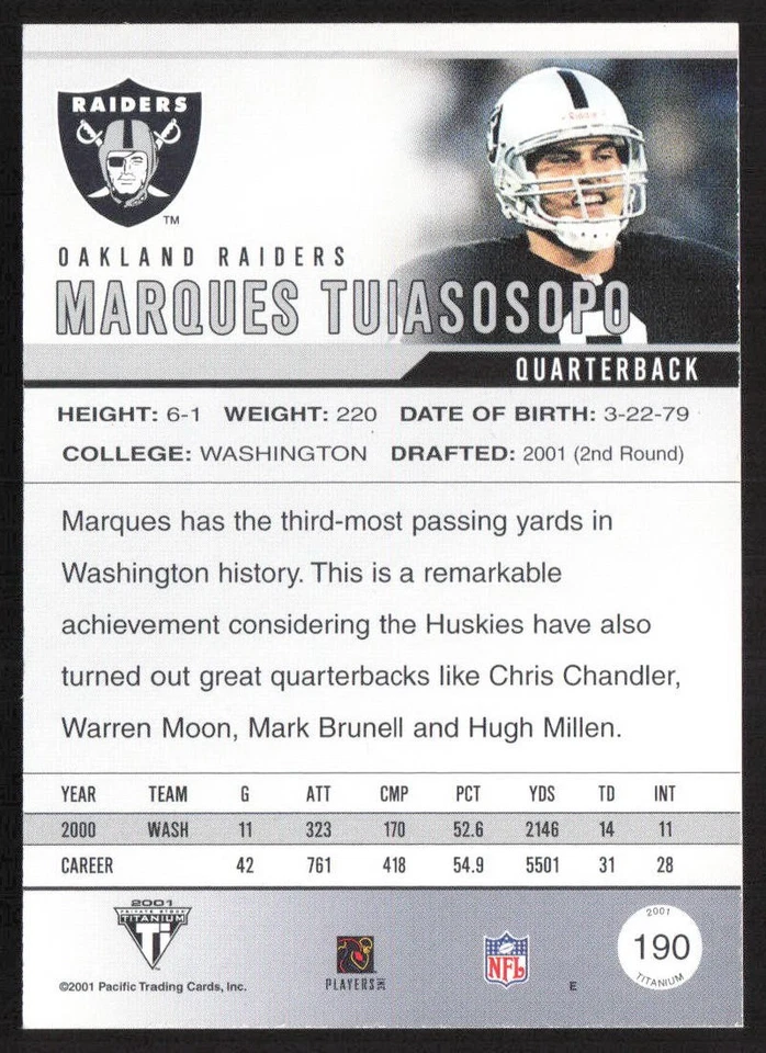 2001 Pacific Titanium #190 Marques Tuiasosopo Rookie RC - Image 2 of 2