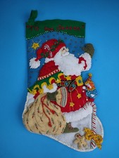 Finished Plaid Bucilla Christmas Felt Stocking Santa Says Hello 86021 Completed