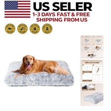 XL Calming Dog Crate Bed - 44in Plush Faux Fur Anti-Anxiety Washable Mat Grey