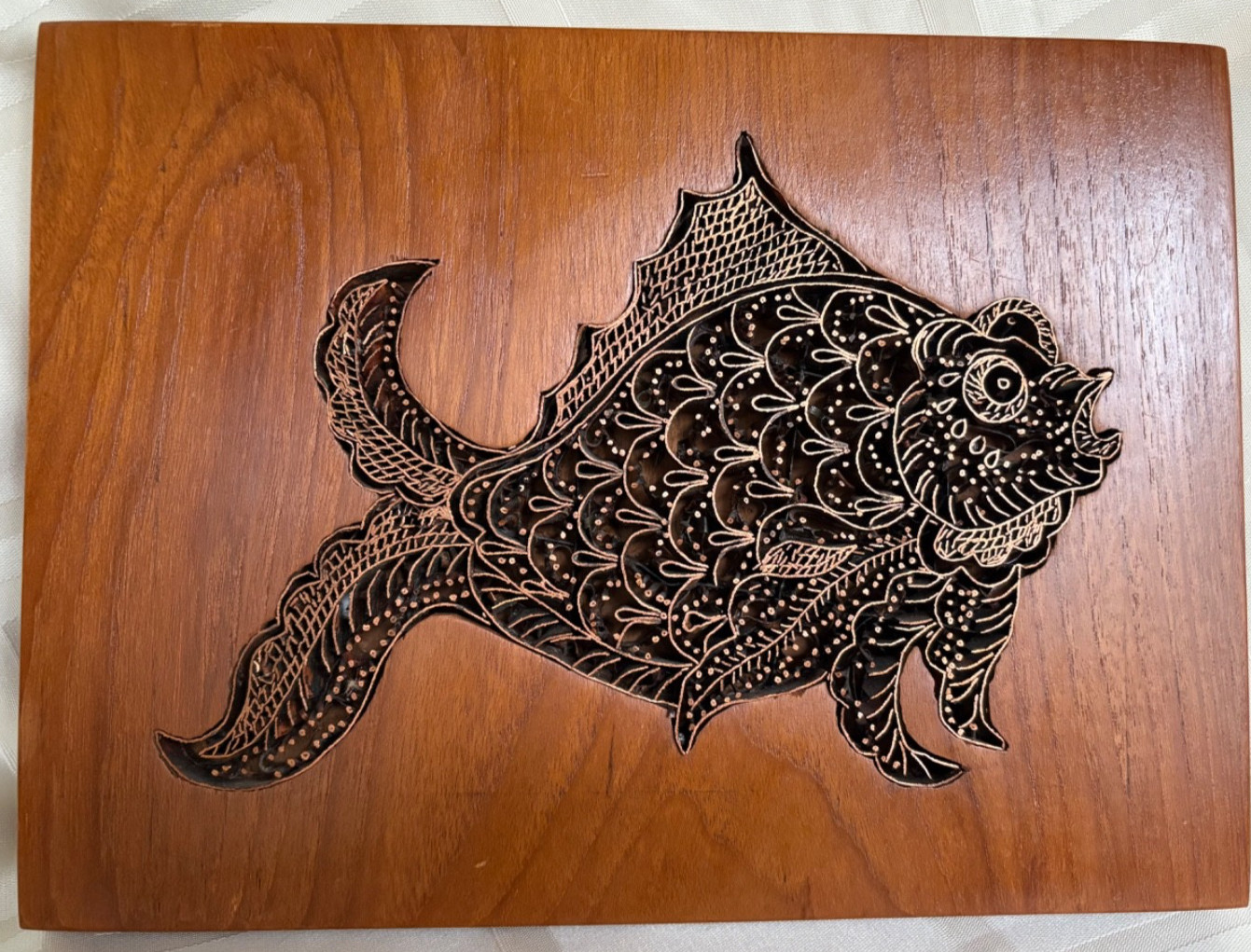 Vintage Copper Batik Tjap/Chop/Cap of Fish in Teak Indonesian Handcrafted