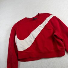 Nike Womens Red Oversized Swoosh Cropped Sweatshirt Pullover Medium Raglan Logo