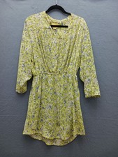 Mango Women Large Dress Yellow Floral V-Neck 3/4 Sleeve Tie Waist Midi Summer