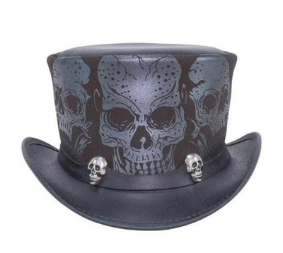 Leather Hat For Men & Women Gothic Black Leather Skull Top Hat With Skull Accent