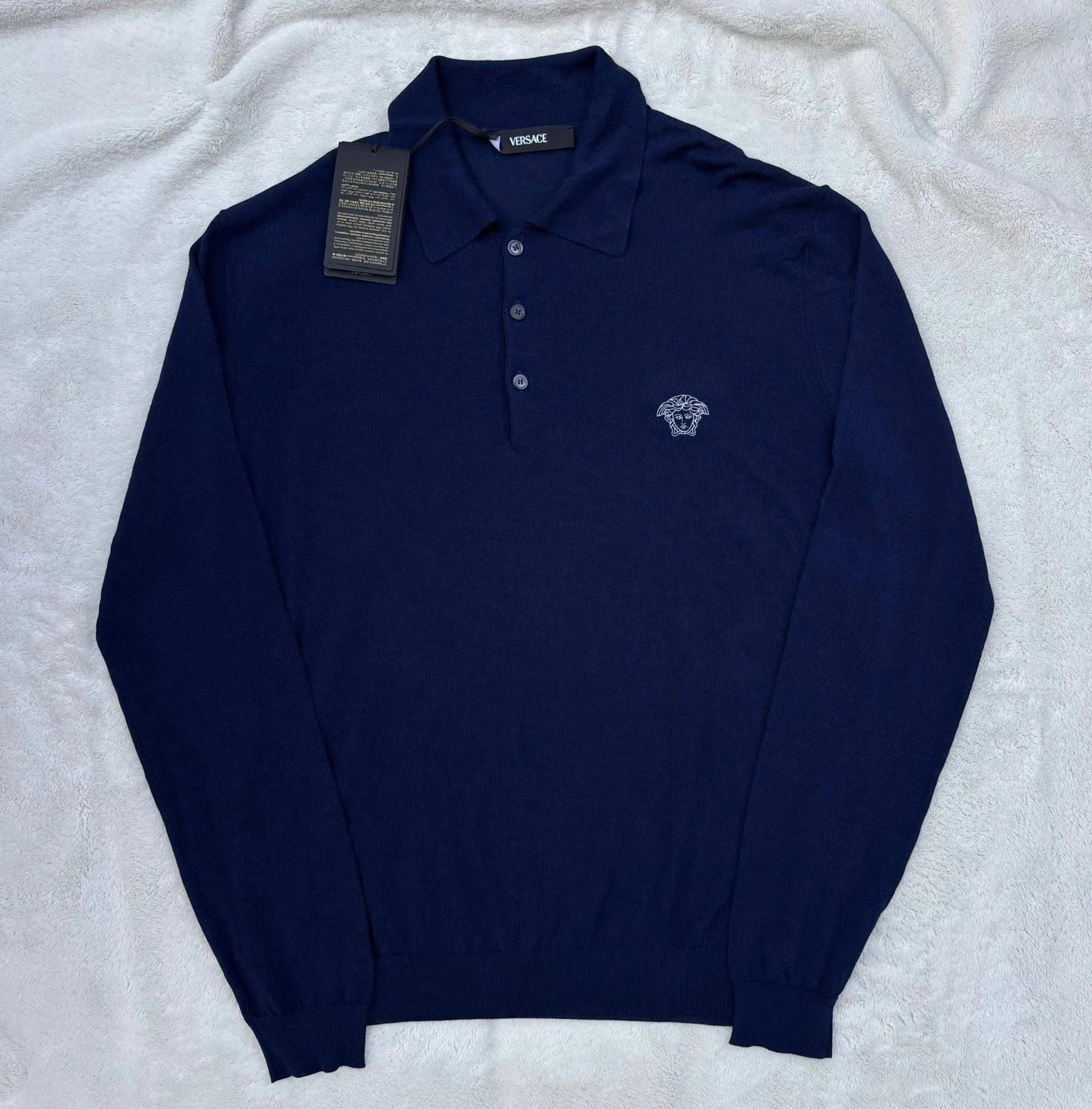 Versace — Versace Navy Embroidered Medusa Knit Long Sleeve Polo Shirt - Med - $775 - New