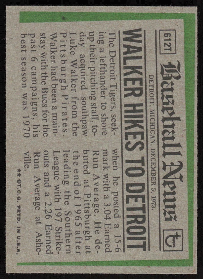 1974 Topps #612T Luke Walker - $1 SHIPPING (JB4) - Image 2 of 2