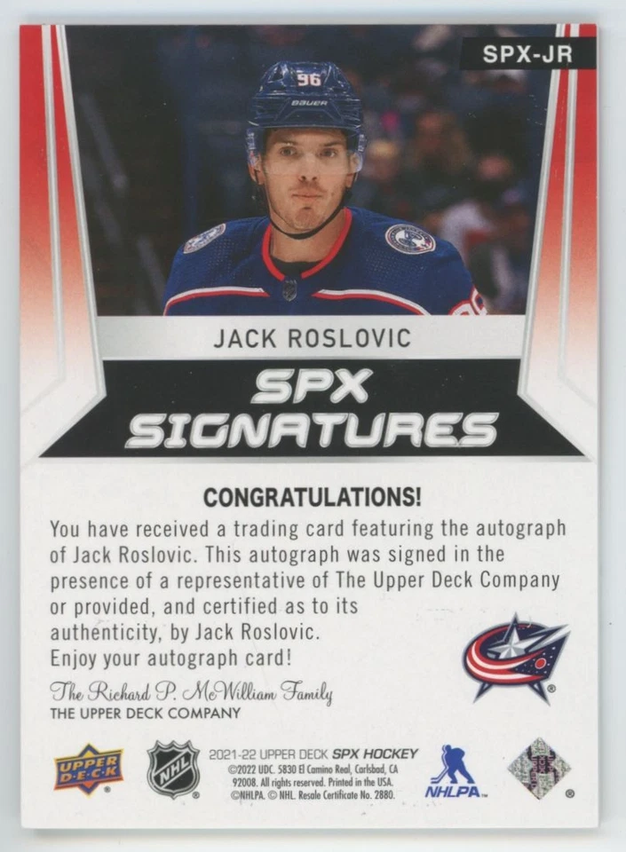 2021-22 SPx Signatures Jack Roslovic Auto Columbus Blue Jackets #SPX-JR - Image 2 of 2
