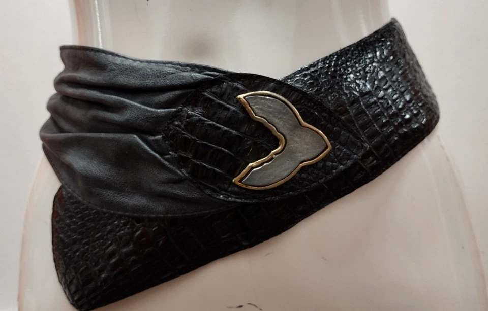 New Wave Black Belt Leather New Wave Evening Cocktail Wear 27 Waist Faux Croc - Image 2 of 4