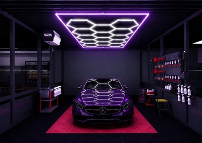 Hexagon Garage Lights - 14 Grid LED Honeycomb Lighting System w/ Purple Border