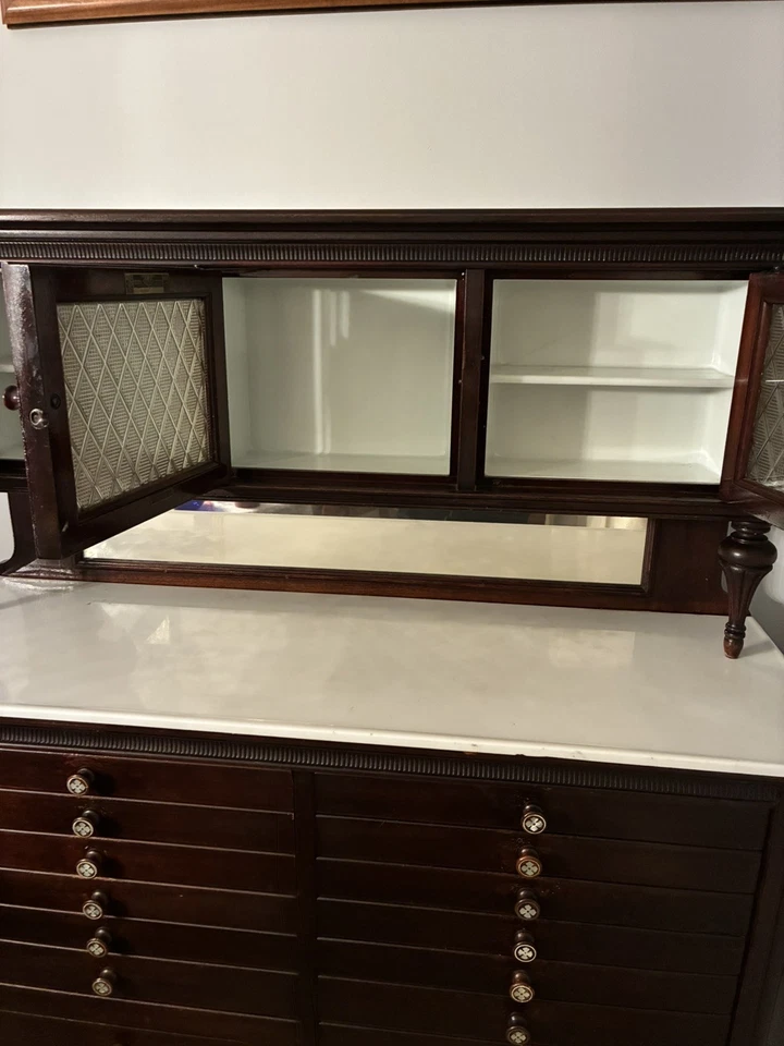 Antique Arts & Crafts  14 Drawers Medical Dental Cabinet w/ Marble Top - Image 4 of 4