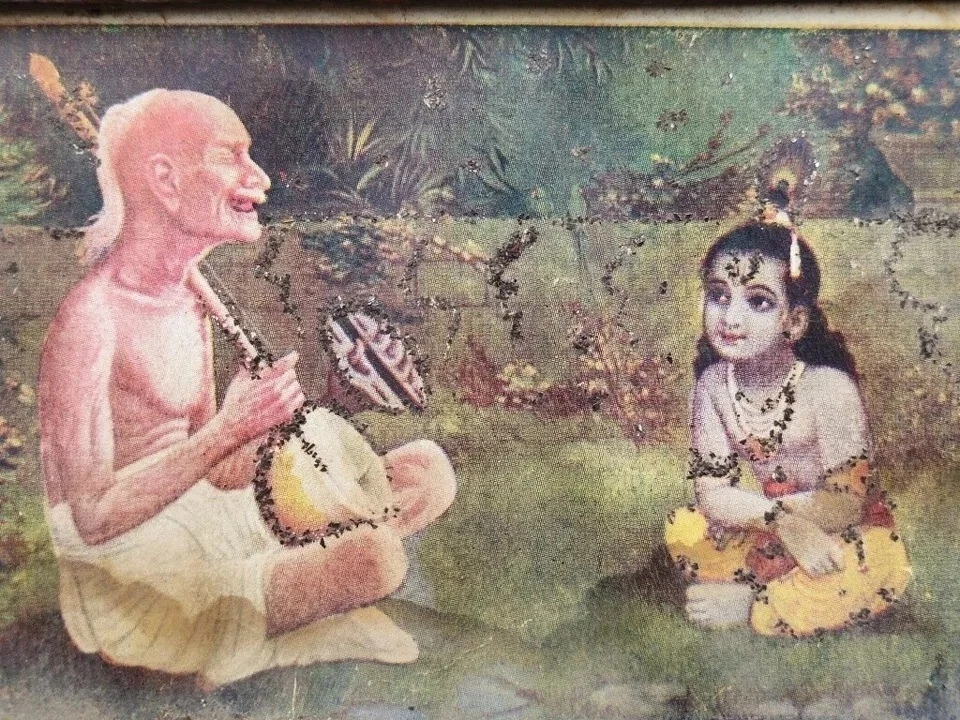 Decoración de pared en miniatura con marco de vidrio Surdas Mahakavi Vatsalya y el Señor Krishna Foto 4 de 4