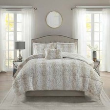 Beige White Snow Leopard Spot Faux Fur 4pc Comforter Set Full Queen King Bedding