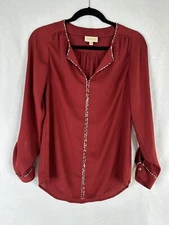 ModCloth Top Women Size XS Red Long Sleeve Floral Trim Casual BOHO