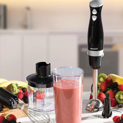Daewoo 600W Schwarz und Silber Stabmixer Set Schneebesen Zerkleinerer & Kanne Zubehör
