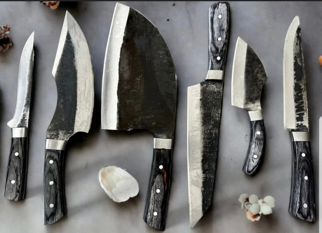 6 Pcs SERBIAN Hand Forged Carbon Steel Chef Knife Set, Steel Knife Set, BBQ Set
