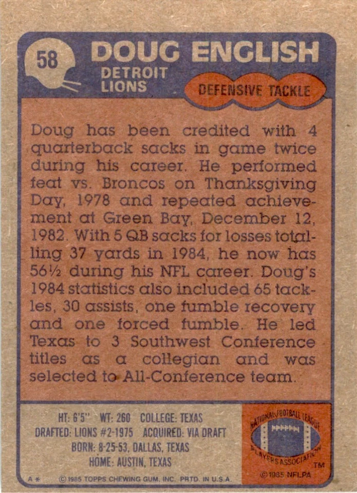 1985 Topps! Doug English Detroit Lions #58 - Image 2 of 2
