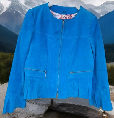 Vintage Luii Women's XL Suede Leather Zip Up Turquoise Lined Jacket Rare
