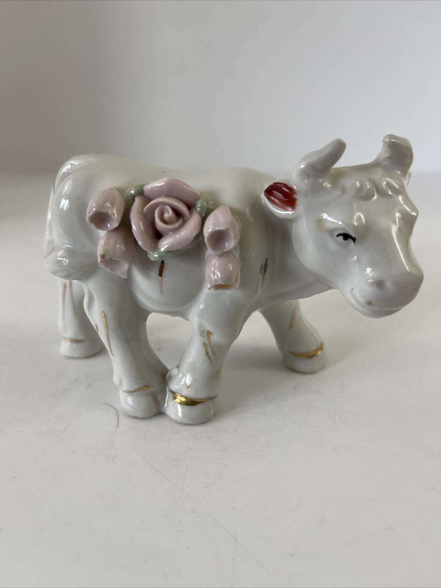 Vintage Ceramic Porcelain Bull Steer Cow Rosettes Figurine White