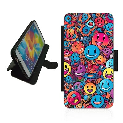 Smiley Gesichter Handy Hülle Wallet Flip Cover für iPhone Samsung SMI1 Spaß Neuheit