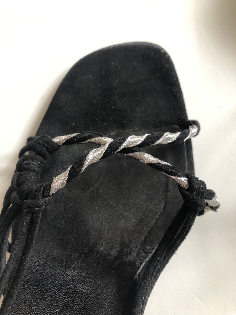 Authentic CHANEL Black Suede Ankle Wrap Strappy Sandals Heel