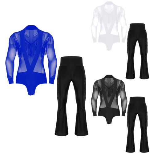 Mens Latin Tango Dance Costume Sequined Tassels Rhinestones Bodysuit with Pants - Picture 4 of 219
