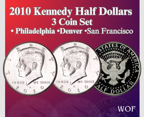 2010 P D S KENNEDY HALF DOLLAR 3 COIN SET MINT BU + PROOF ULTRA HEAVY CAMEO