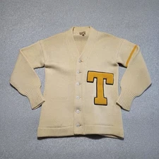 Vtg 1940s Sweater Cardigan Letter T 100% Wool Cream Varsity College University