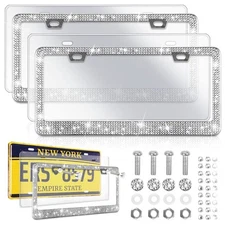 Bling License Plate Frame and Clear Cover Set for Women 2 Pack Sparkly Rhines...