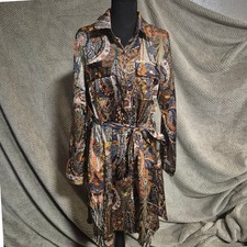 Q2 Women Paisley Floral Button Front Belted Shirt Dress Long Sleeve Brown Size M