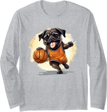 Cute Pug Dog Playing With Basketball Funny Pug Long Sleeve Tshirt