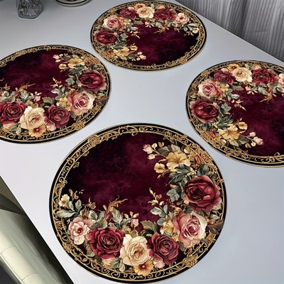 4PCS Vintage Burgundy Rose Floral Round Placemats Dining Table Decor 15inch
