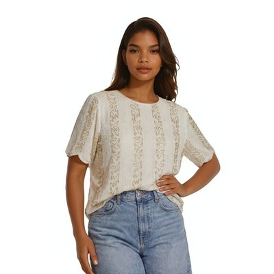 Scala Beaded Blouse Women's Size 4X White Gold Pure Silk Scallop Evening Vintage