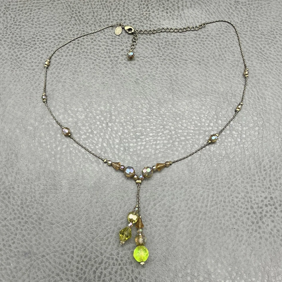 Collar 2028 Y Lariat Cuentas Vidrio Verde Aurora Boreal Cuelga Tono Bronce Foto 2 de 4