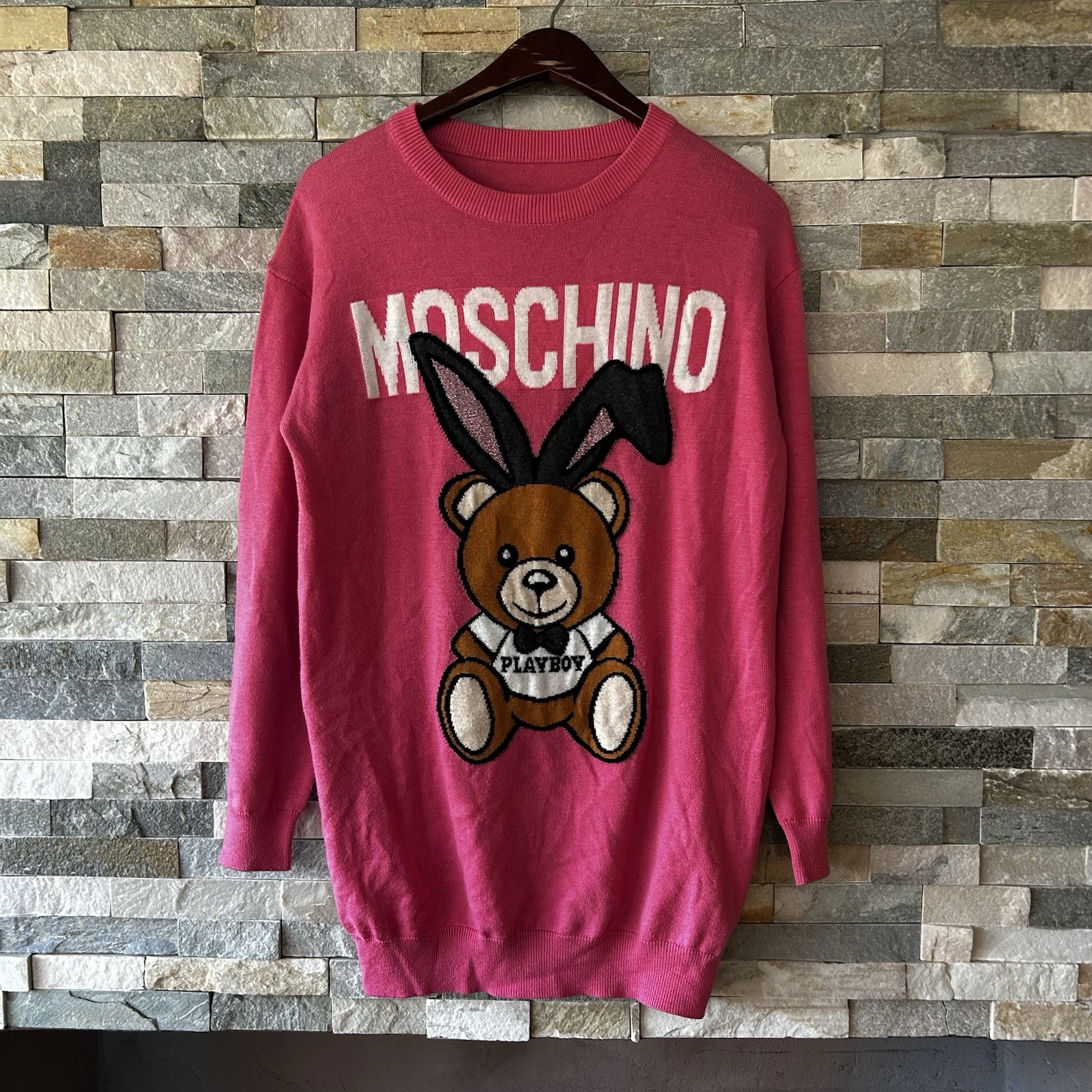 Moschino Teddy Bear Sweater Pink Cotton Bunny Ears Playboy Size Medium Women